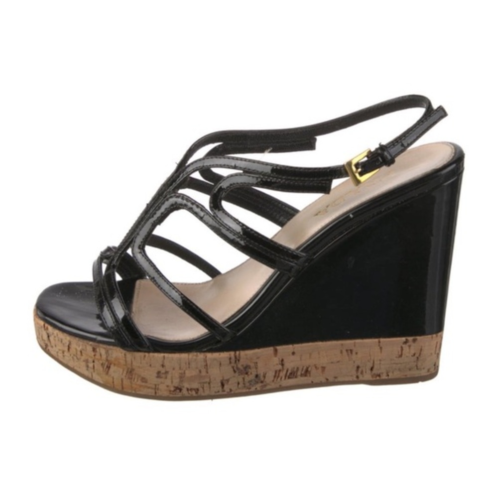 ☀️ 🖤 PRADA 🤎 Black Patent Leather Espadrille Wedge Sandals – Size 6